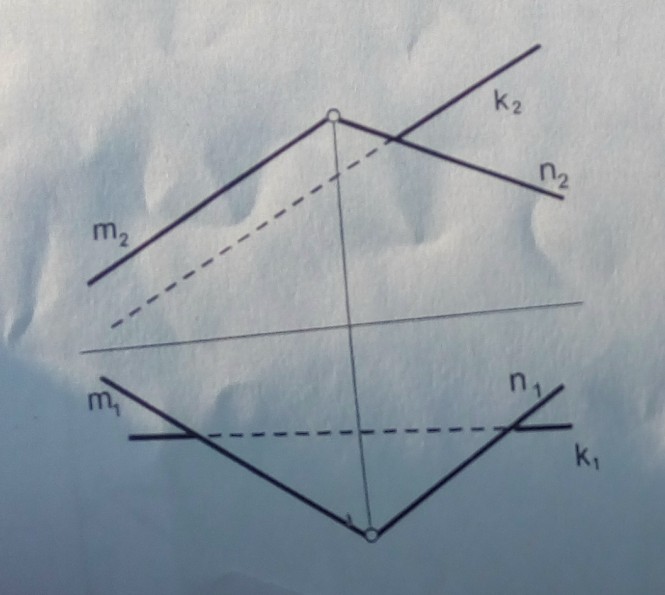 Точка пересечения прямой k с плоскостью (m ∩ n). Определение видимости прямой.