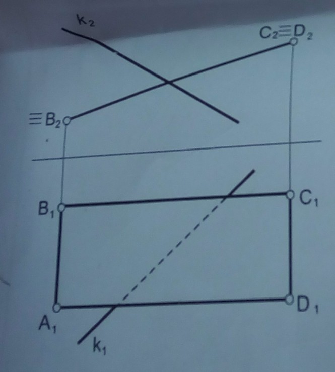 Точка пересечения прямой k с плоскостью прямоугольника ABCD. Определение видимости прямой.