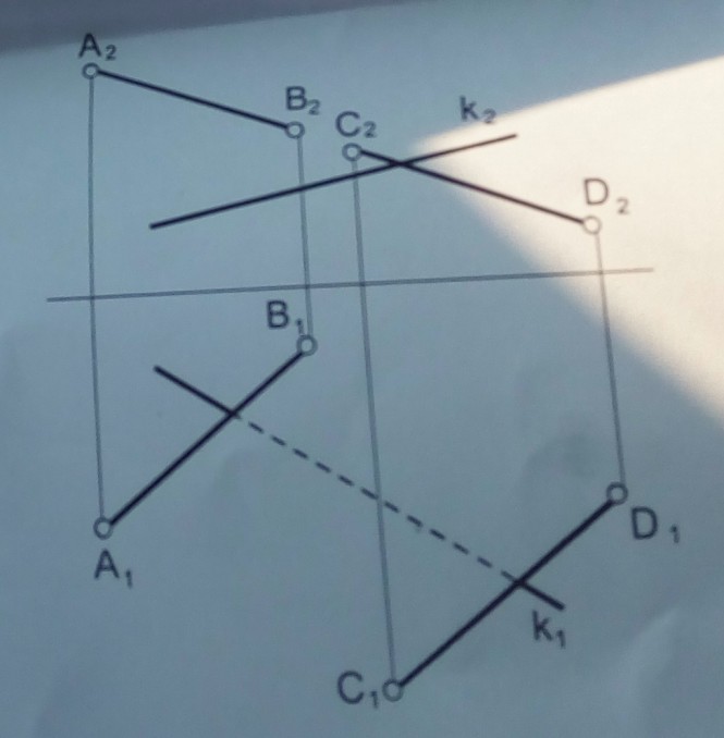 Точка пересечения прямой k с плоскостью (AB ‖ CD). Определение видимости прямой.