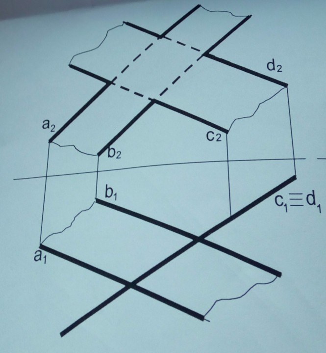 Линия пересечения плоскостей α(a ‖ b) и β(c ‖ d) . Определение видимости.