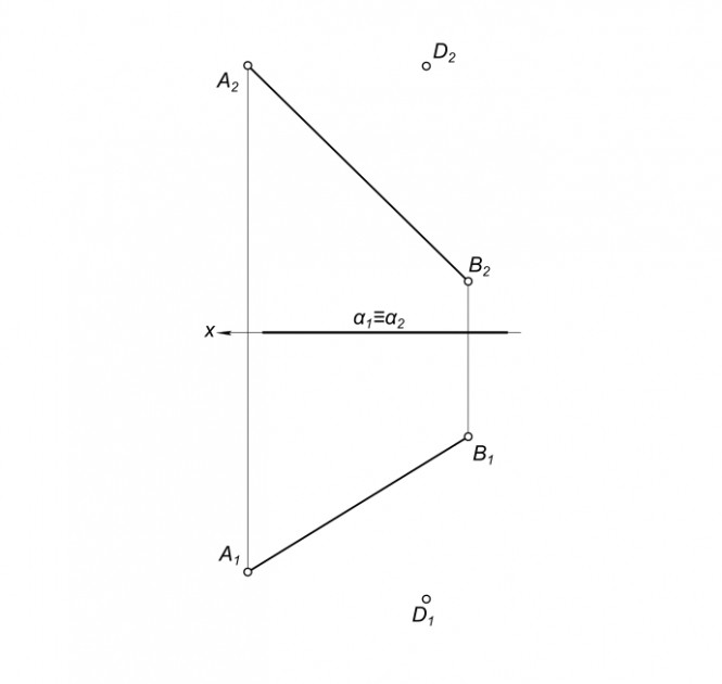 Найти точку встречи прямой AB c плоскостью α проходящей через точку D.
