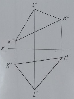 Способом вращения вокруг фронтали определить действительную величину треугольника KLM