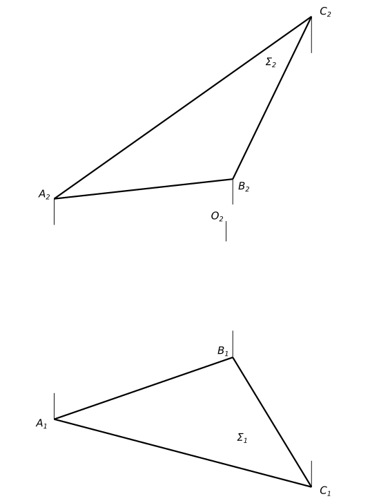 Построить проекции шара радиусом 50 мм касающегося плоскости треугольника