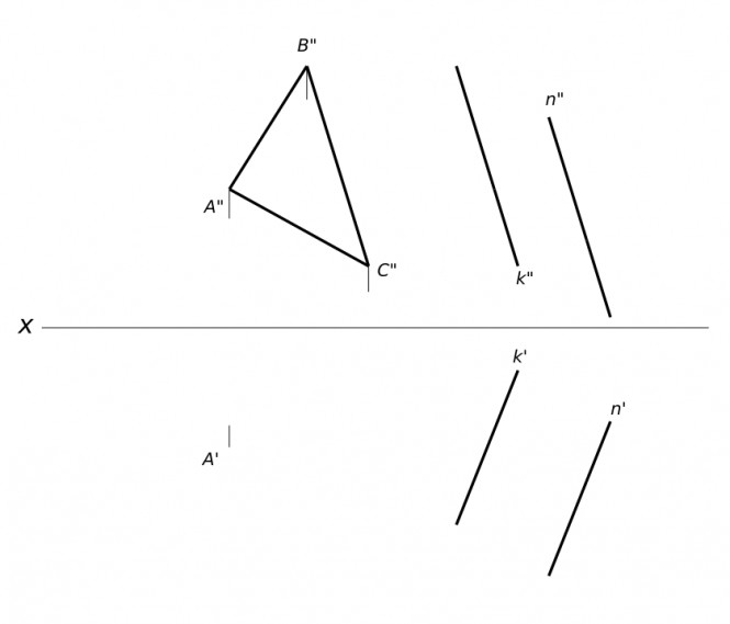 Построить горизонтальную проекцию треугольника ABC(A', ?, ?; A