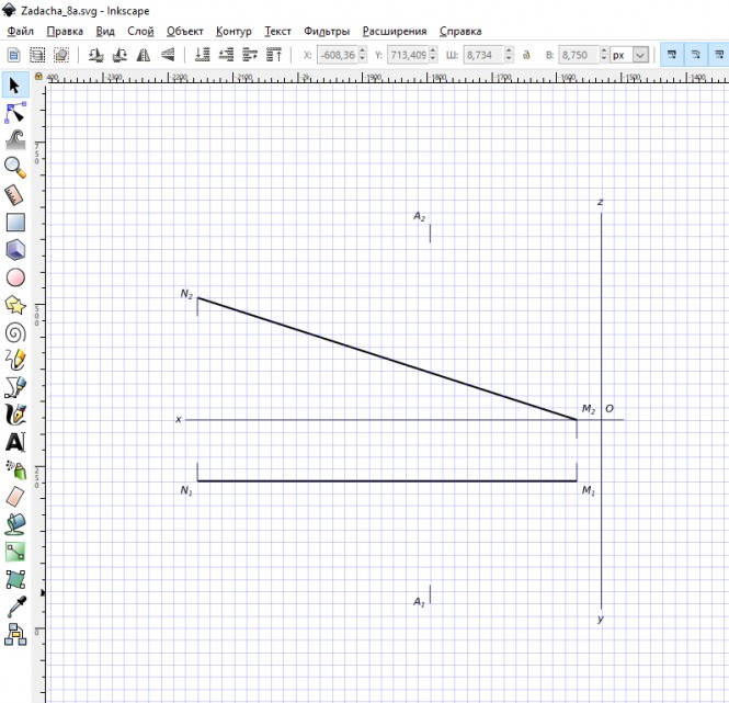 Построить проекции равностороннего треугольника ABC со стороной BC на прямой mn:  A(65,75,80) M(10,25,0) N(160,25,50)