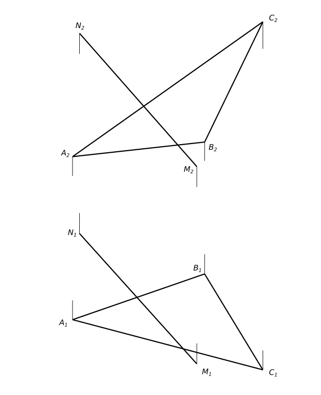 На прямой mn найти точку отстоящую от плоскости треугольника abc на 45 мм